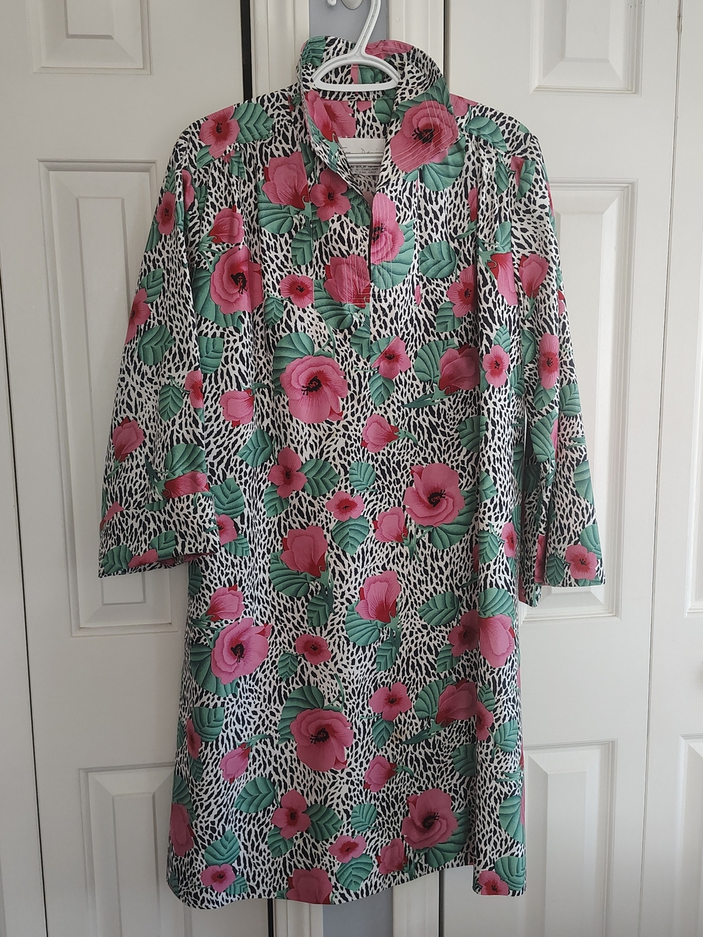 Thailand SILK handmade Floral Print Tunic Dress - Pink & Green